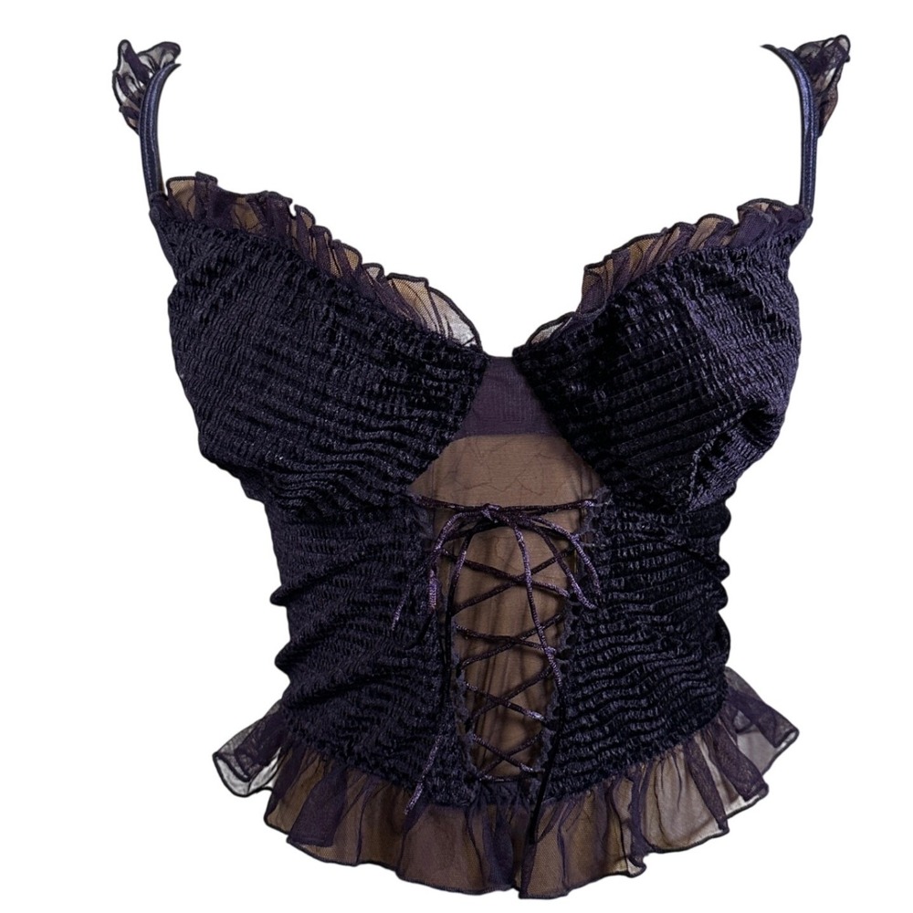 Dreamgirl Purple Velvet Corset Top Ruffle Lace Up Bustier Style XL